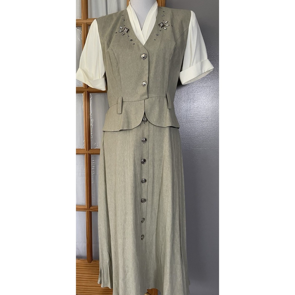 Vtg 70s SL Fashion Peplum Midi Dress 10 Button Up Sage Beads Classic USA Made